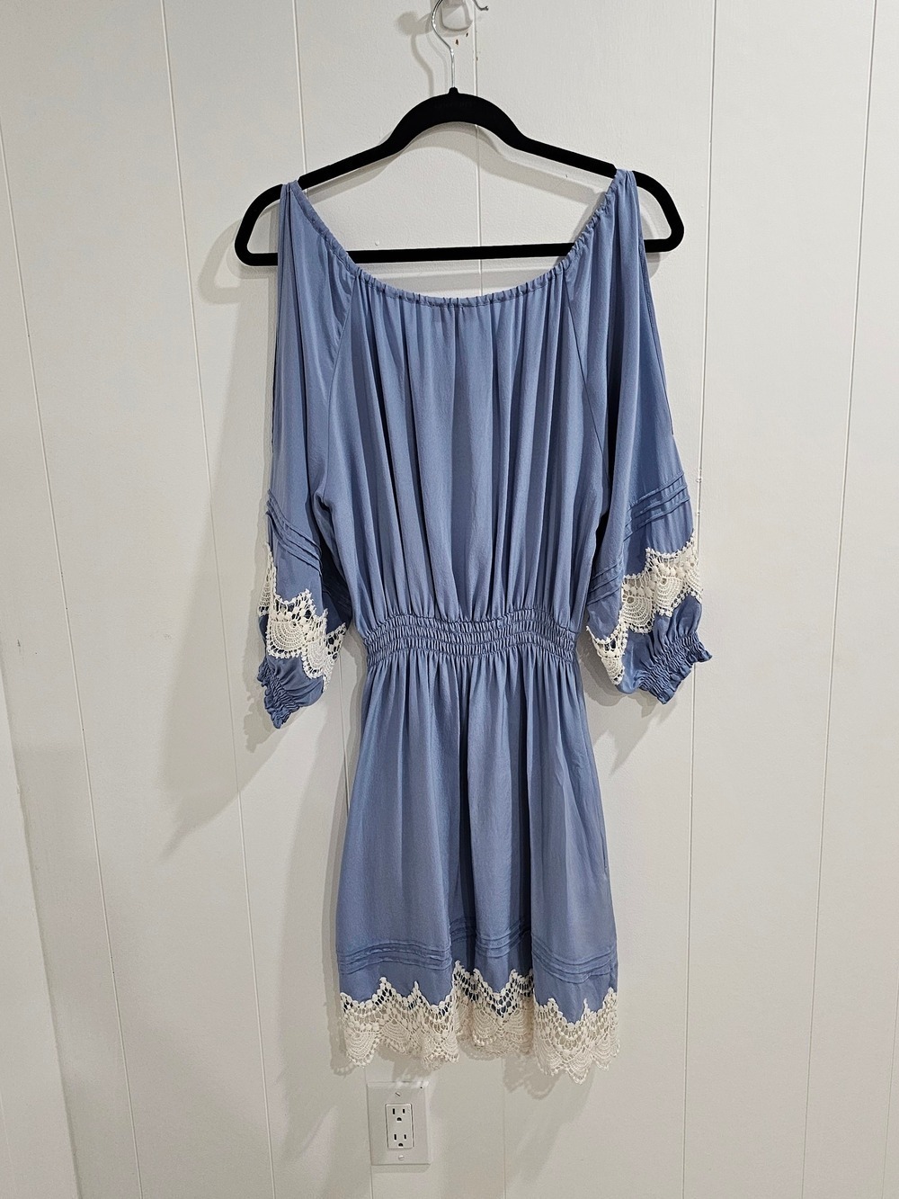 Bebe Cottagecore Lace Trim Cold Shoulder Dress Fairycore Boho Off Shoulder Blue - Picture 3 of 16